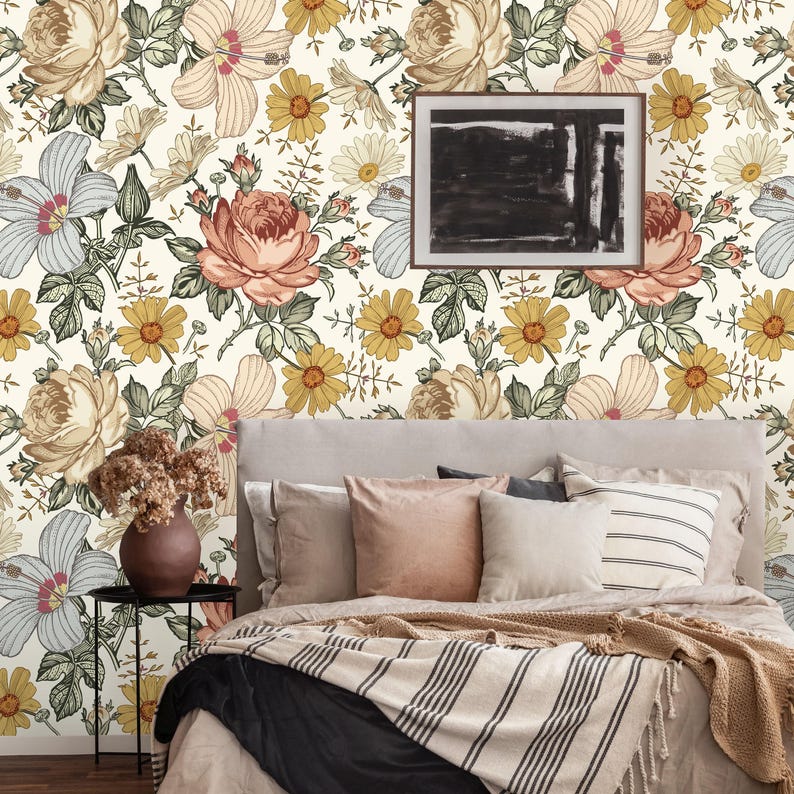 Vintage Rose Removable Wallpaper | Peel and Stick Floral Mural | Self Adhesive Flower Wall Decor | Leaves Wall Art image 1