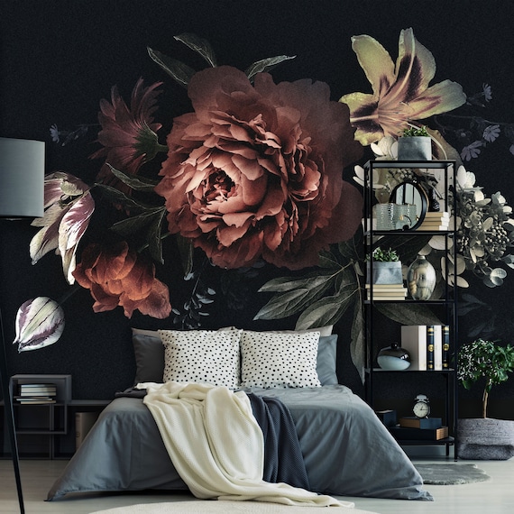 Vintage Peony Peel and Stick Wallpaper Removable Black - Etsy