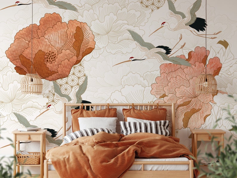 Japanese Crane Wallpaper Removable Self Adhesive Floral Etsy