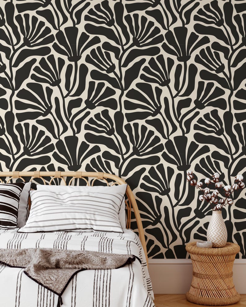 Vintage Boho Floral Wallpaper | Removable Trendy Flowers Peel and Stick Wallpaper | Retro Self Adhesive or PrePasted Wallpaper | EcoFriendly image 1