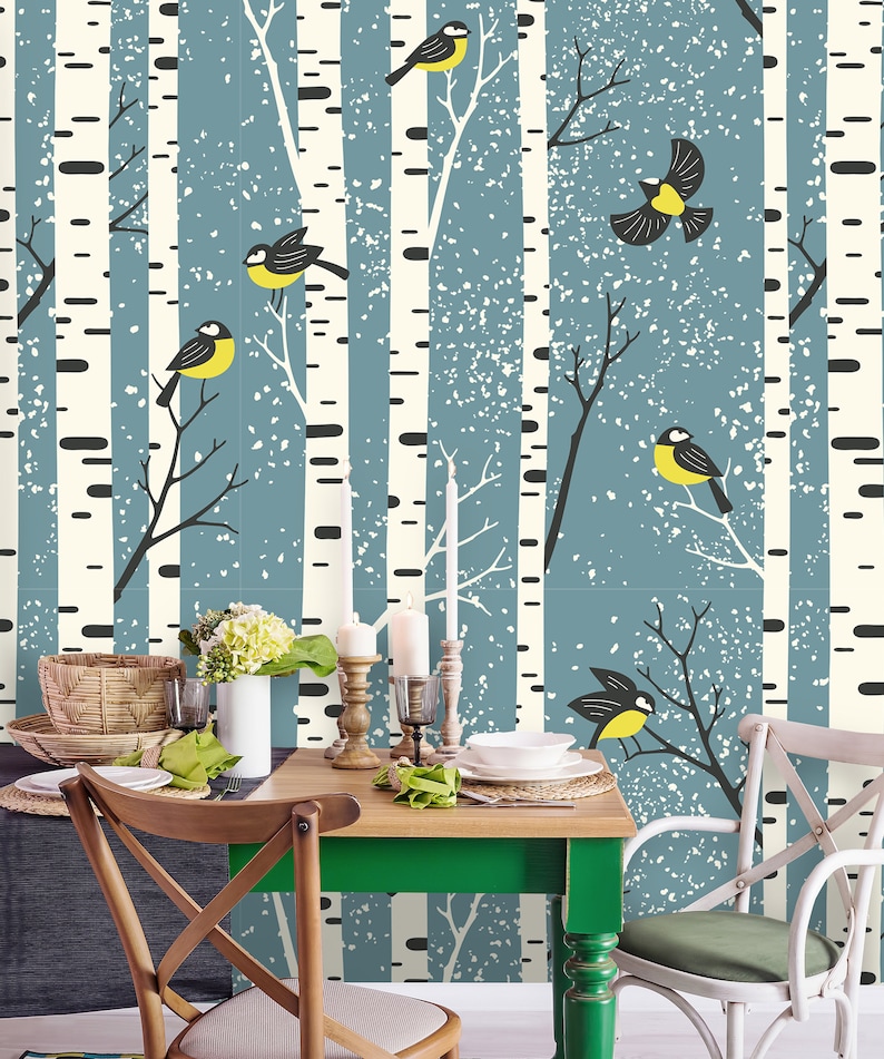 Removable Wallpaper Birch and Birds Peel and Stick Birch Etsy