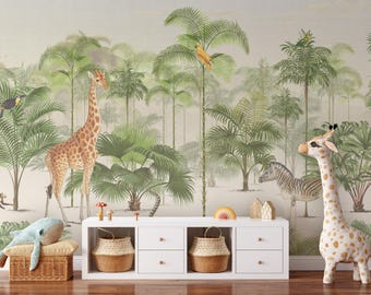 Fototapeta Safari Jungle, samoprzylepna, usuwalna, przedstawiająca zwierzęta z Afryki, samoprzylepna, tradycyjna ściana akcentowa do pokoju dziecięcego z żyrafą i tropikalnym motywem