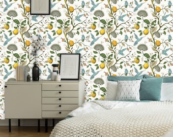 Vintage Lemons Peel and Stick Wallpaper | Removable Tropical Hummingbird Mural | Floral Self Adhesive or Pre-Pasted Wall Decor Eco Friendly