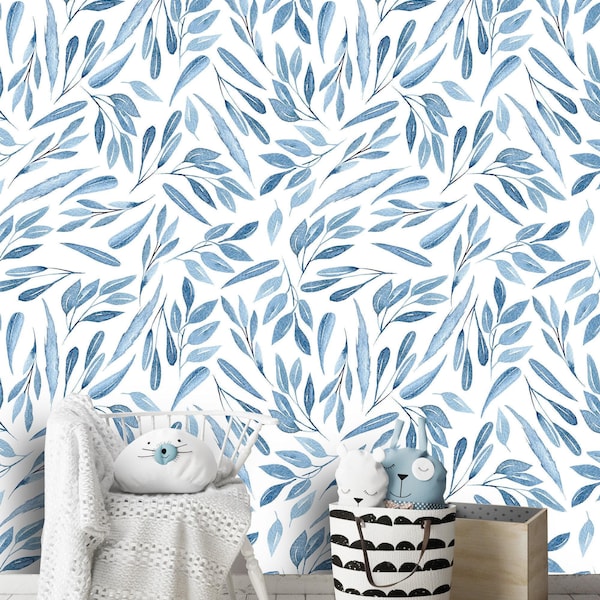 Removable Peel 'n Stick Wallpaper, Self-Adhesive Wall Mural, Watercolor Kids Floral Pattern, Nursery Baby’s Room Decor • Blue Leaves
