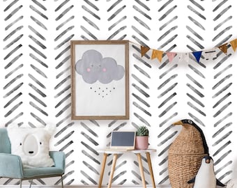 Aquarel visgraat Peel and Stick-behang | Verwijderbare boho zwart-witte chevron | Zelfklevend of voorgelijmd muurdecor | Milieuvriendelijk