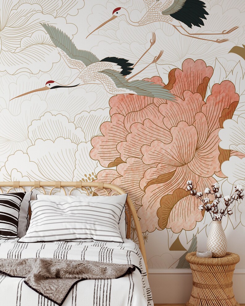 Japanese Crane Wallpaper Removable Self Adhesive Floral Etsy
