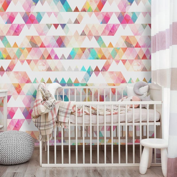 Removable Peel 'n Stick Wallpaper, Self-Adhesive Geometric Wall Mural, Watercolor Grunge Effect Pattern, Nursery Decor • Rainbow Triangle