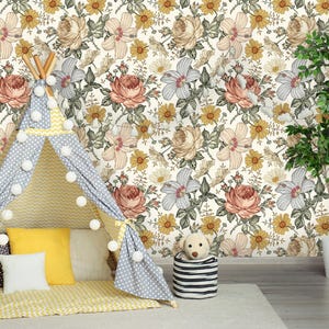 Vintage Rose Removable Wallpaper | Peel and Stick Floral Mural | Self Adhesive Flower Wall Decor | Leaves Wall Art image 3