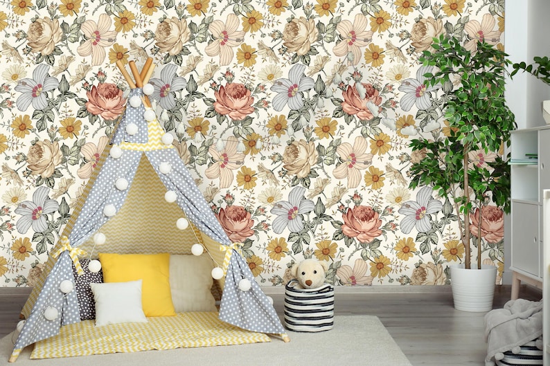 Vintage Rose Removable Wallpaper | Peel and Stick Floral Mural | Self Adhesive Flower Wall Decor | Leaves Wall Art image 3