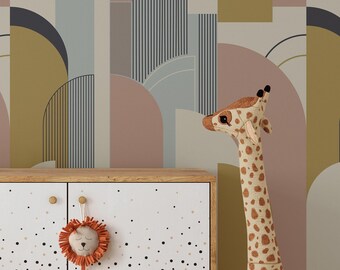 Colorful Modern Arches Wallpaper | Removable Self Adhesive Geometrical Pattern | Beige Arches Peel and Stick Wallpaper | Eco Friendly