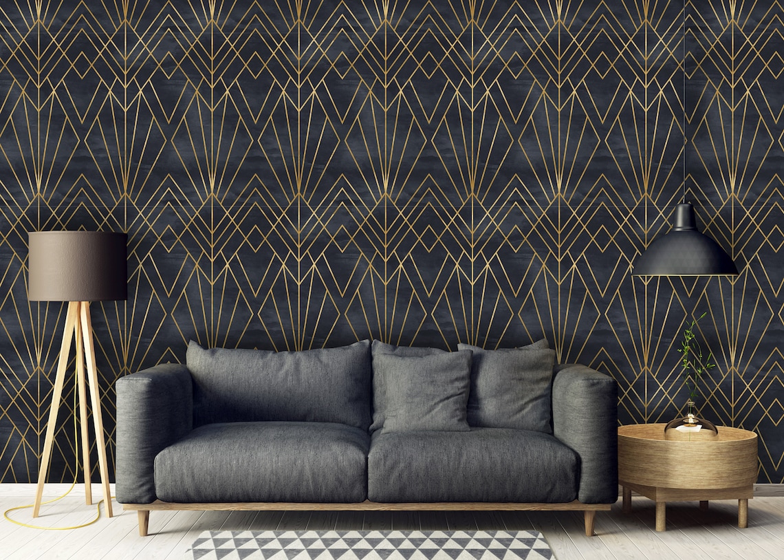 Art Deco Peel and Stick Wallpaper Removable Geometric Black Etsy