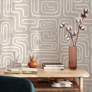 Beige Minimalistische Linien Tapete | Abnehmbare selbstklebende Boho-Tapete | Geometrische Abstrakte Linien Schälen und aufkleben oder Vorgeklebt