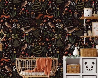 Woodland Wallpaper | Removable Self Adhesive Botanical Mural | Flower and Forest Peel and Stick or Pre-Pasted Wall Decor | Eco Friendly