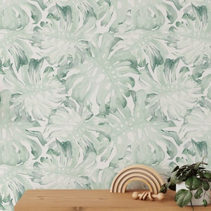 Green Tropical Wallpaper | Removable Self Adhesive Exotic Tropical Wallpaper | Modern Watercolor Peel & Stick or Pre-Pasted Wallpaper | Eco