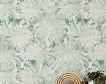 Green Tropical Wallpaper | Removable Self Adhesive Exotic Tropical Wallpaper | Modern Watercolor Peel & Stick or Pre-Pasted Wallpaper | Eco