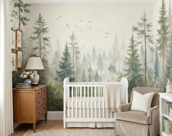 Muurschildering met aquarel dennenbos, landschapsbehang voor kinderen, zelfklevend, traditioneel of voorgelijmd, verwijderbare muurdecoratie