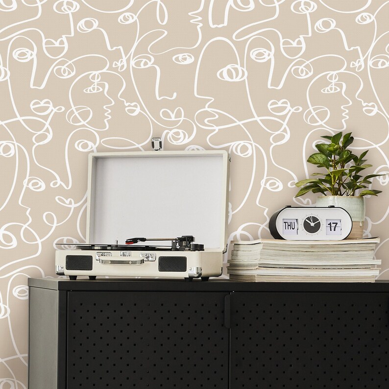 Abstract Faces Peel and Stick Wallpaper | Minimalist Lines Removable Mural | Self Adhesive or Pre-Pasted Wallpaper | Eco Friendly image 3