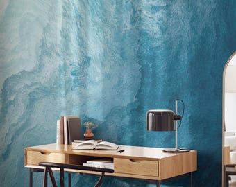 Watercolor Abstract Blue Mural | Grunge Effect Waves Peel n Stick Removable Wallpaper | Self Adhesive or PrePasted Wallpaper | Eco Friendly