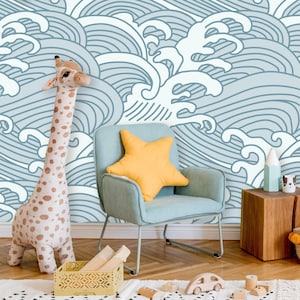 Chinese Waves Peel and Stick Wallpaper | Removable Blue-Gray Mural | Self Adhesive or Pre-Pasted Wallpaper | Eco Friendly