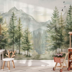 May include: Watercolor mural depicting a serene forest scene with tall evergreen trees, a mountain range, and a path. The color palette includes shades of green, gray, and beige. The mural is part of a room with a white table, a wooden chair, and a toy market.