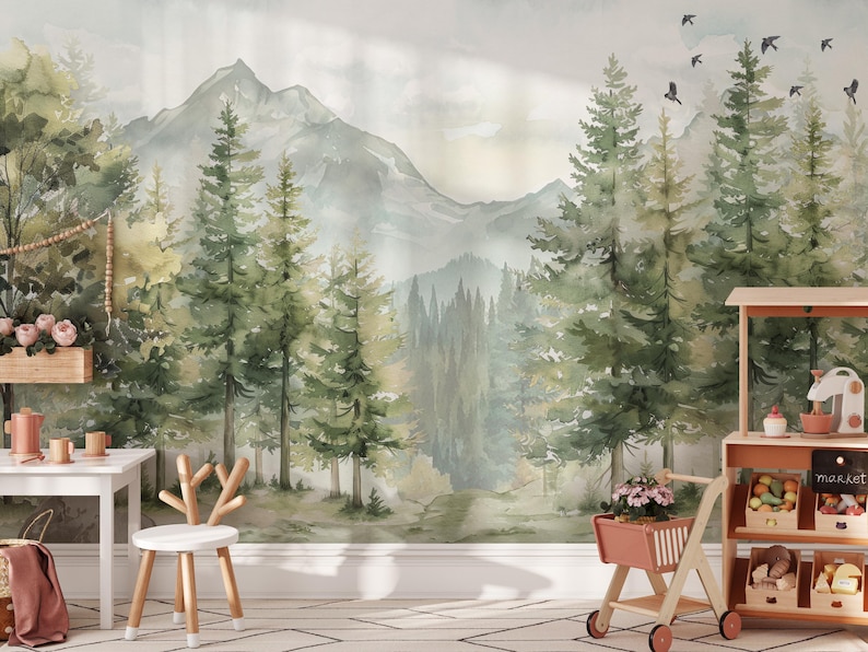 May include: Watercolor mural depicting a serene forest scene with tall evergreen trees, a mountain range, and a path. The color palette includes shades of green, gray, and beige. The mural is part of a room with a white table, a wooden chair, and a toy market.
