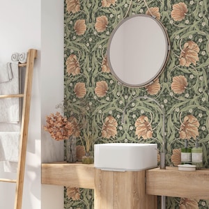 William Morris Wallpaper Green Foliage Removable Self Adhesive Floral Mural Vintage Ornament Peel and Stick or Pre Pasted Eco Wall Decor