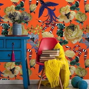 Removable Wallpaper | Peel and Stick Watercolor Wallpaper | Self Adhesive Floral Wallpaper | Bird Wallpaper image 1