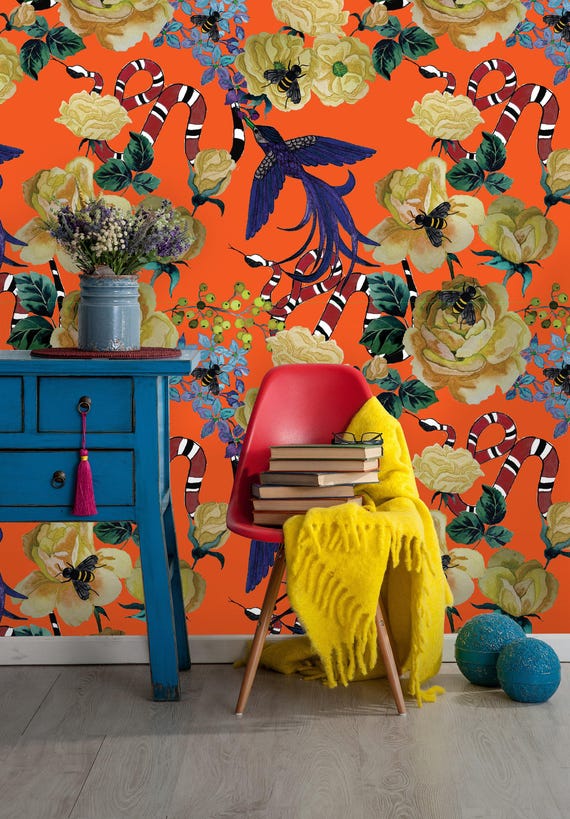 Removable Wallpaper | Peel and Stick Watercolor Wallpaper | Self Adhesive Floral Wallpaper | Bird Wallpaper