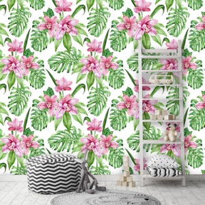 Abnehmbare Tapete, selbstklebendes Wandbild, Tropisches Muster, Kinderzimmer, Raumdekor • Rosa Orchideenblütenblätter