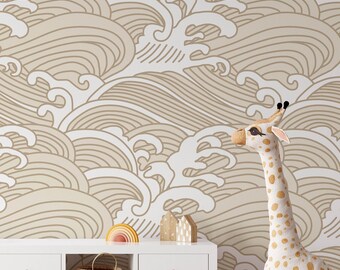 Beige Chinese Waves Wallpaper | Removable Peel and Stick Waves Mural | Nursery Self Adhesive or Pre-Pasted Wallpaper | Eco Friendly