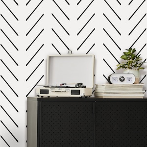 Herringbone Peel and Stick Wallpaper | Removable Self Adhesive Scandinavian Black&White Mural | Chevron Boho Lines | Wall Decor