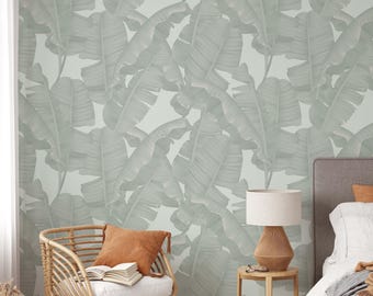 Vintage Banana Leaves Peel and Stick Wallpaper | Removable Tropical Mural | Self Adhesive or Pre-Pasted Wallpaper | Eco Friendly