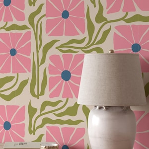 Pink Retro Flowers Wallpaper | Removable Trendy Funny Floral Peel and Stick Wallpaper | Vintage Self Adhesive or Pre-Pasted Wallpaper | Eco