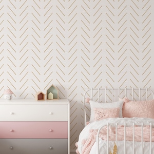 Beige Herringbone Peel and Stick Wallpaper | Removable Self Adhesive Scandinavian Modern Mural | Chevron Boho Lines | Eco Friendly