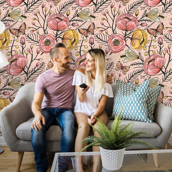 Avtagbar tapet | Dra av och klistra vintageblommor tapet | Självhäftande fjärilstapet | Vintageblommor och fjärilar