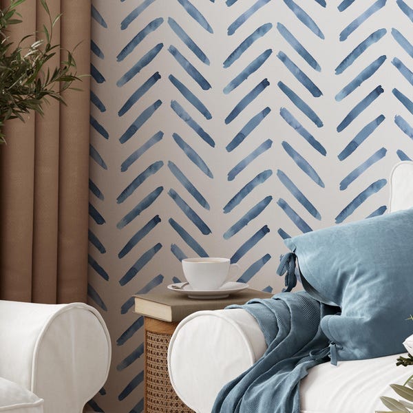 Papel pintado autoadhesivo con diseño de espiga azul / Mural azul removible / Papel pintado autoadhesivo o preencolado en azul marino acuarela / Ecológico