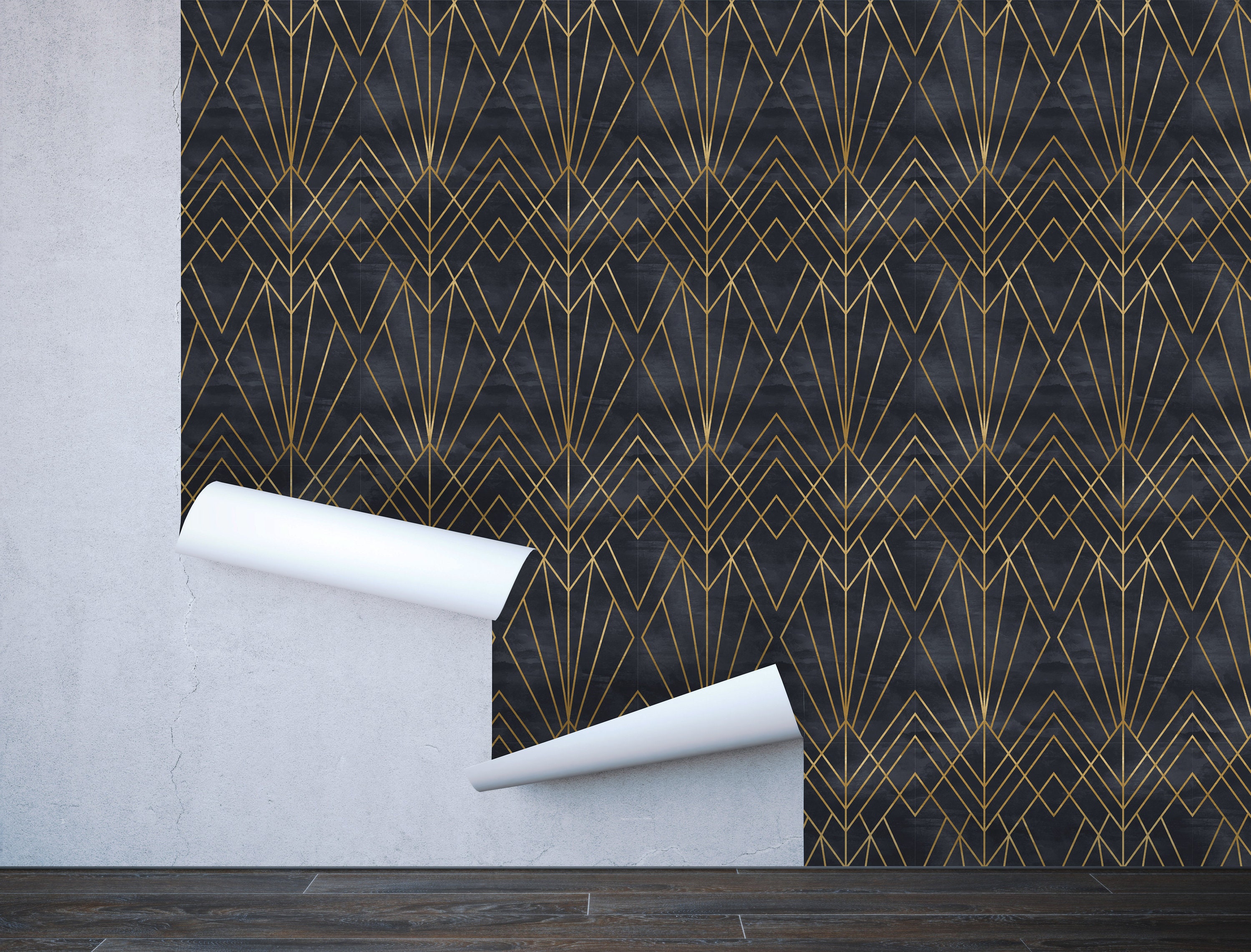 Art Deco Peel and Stick Wallpaper Removable Geometric Black Etsy