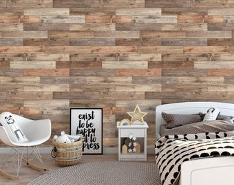 Removable Peel 'n Stick Wallpaper, Self-Adhesive Wall Mural, 3D Brown wood Pattern, Nursery, Room Decor • Wood Wall Parquet