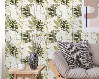 Removable Wallpaper Grasses and Leaves | Peel and Stick Watercolor Wallpaper | Self Adhesive Floral Wallpaper