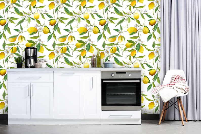 Lemon Wallpaper Removable Wallpaper Peel and Stick Floral Wallpaper Pattern Tropical Wallpaper
