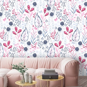Removable Peel 'n Stick Wallpaper, Self-Adhesive Wall Mural, Watercolor Floral Pattern, Nursery Room Decor, Custom Colors Berries Leaves image 3
