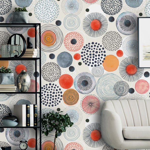 Removable Peel 'n Stick Wallpaper, Self-Adhesive Wall Mural, Watercolor Gray Abstract Pattern, Nursery Baby’s Room Decor • Doodle Circles