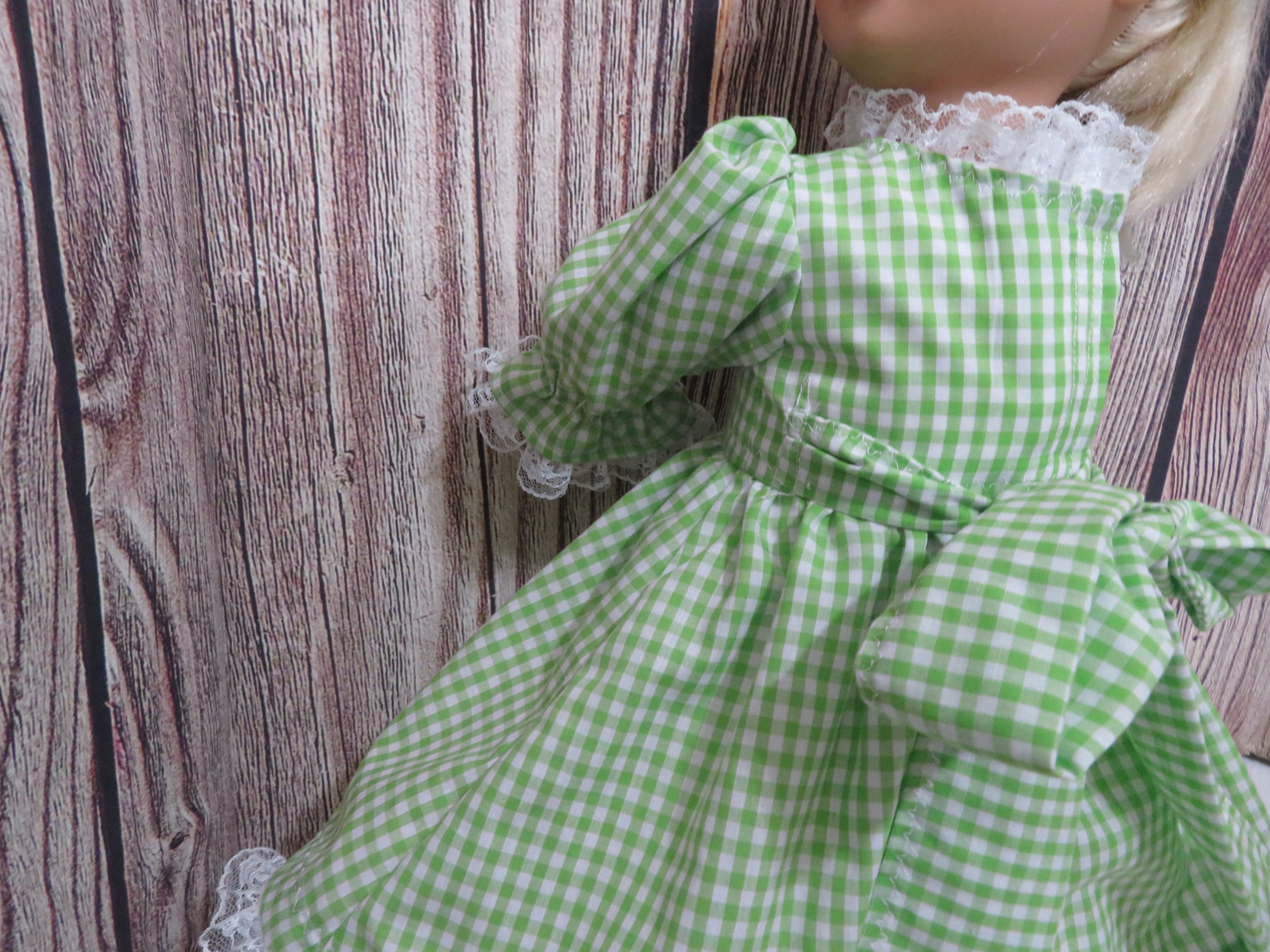 18 inch Doll Vintage Style Green & White Gingham Check Party Dress447