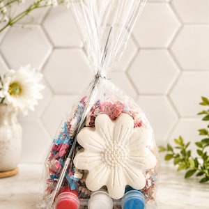 May include: A clear plastic bag containing a white flower-shaped plaster or ceramic figure, a thin paintbrush, and three small circular paint pots in red, white, and blue, all nestled within a bed of colorful shredded paper filler.
