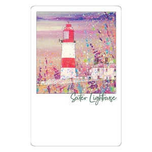 May include: A vibrant painting of Souter Lighthouse. The lighthouse features red and white stripes and a red top. The background is a colourful mix of pink, purple, and green paint splatters. The text "Souter Lighthouse" is written in green cursive.
