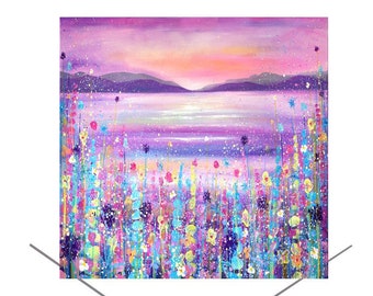 Purple Mountains Greetings Card-printed from an original painting-Bright Colourful-Birthday Card-Original Art-Blank Card lake scene-pink sky