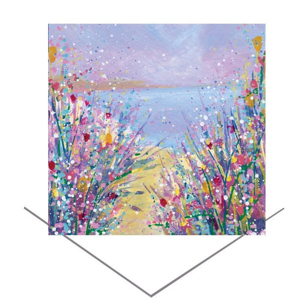 Here comes the Summer Handmade Greetings Card-Bright Colourful-Birthday Card-Original Art Gift-Blank Note Card beach card-flower card