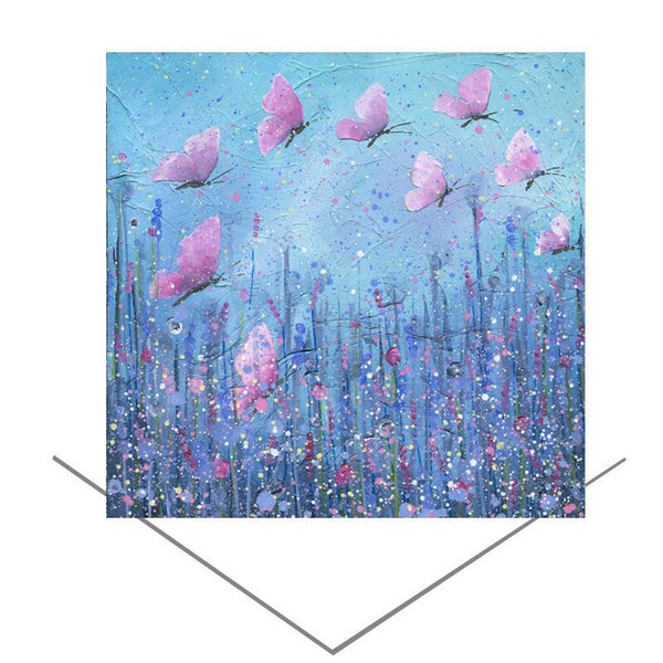 Pink Butterflies Greeting Card -Flying free butterflies - Birthday Card - made from Original Art - Blank Note Card -pink flowers