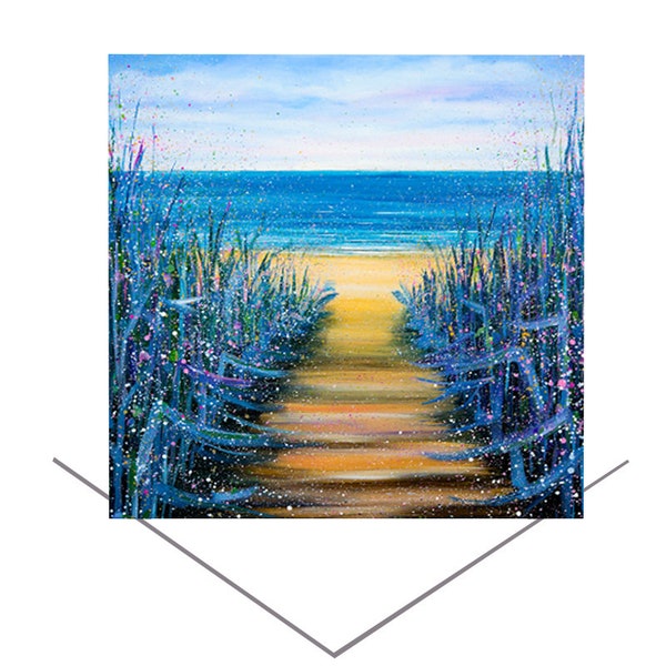 Carte de voeux Blue Beach - soleil bord de mer - carte d'anniversaire - cadeau d'art original - carte de correspondance vierge Northumberland - carte de plage