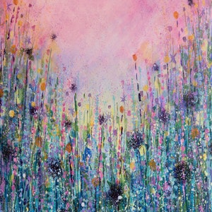 May include: Abstract painting of a field of wildflowers in shades of pink, purple, blue, and green. The background is a soft pink.